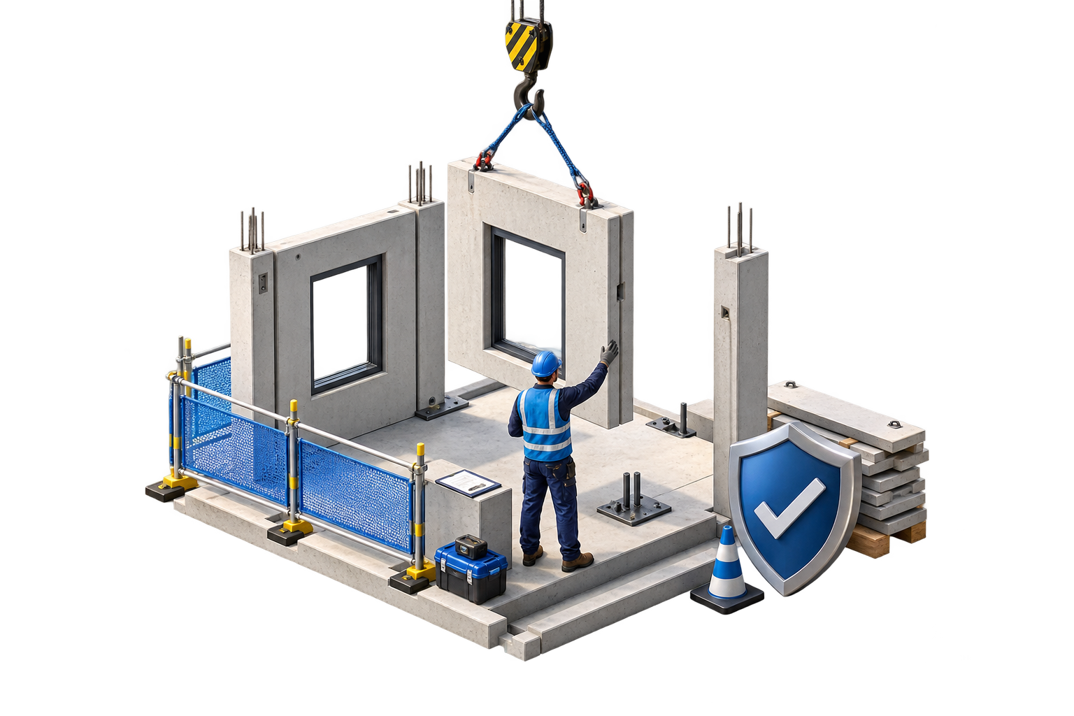 Isometric illustration of a controlled and safer precast installation
